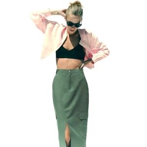 ZARA Linen Cotyon Blend Cargo Midi Skirt Khaki Olive Green Sz.L
